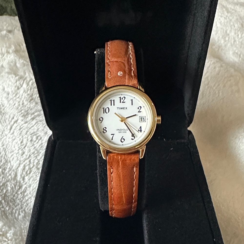 Timex Gold Watch with Brown Leather Strap
